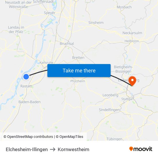 Elchesheim-Illingen to Kornwestheim map