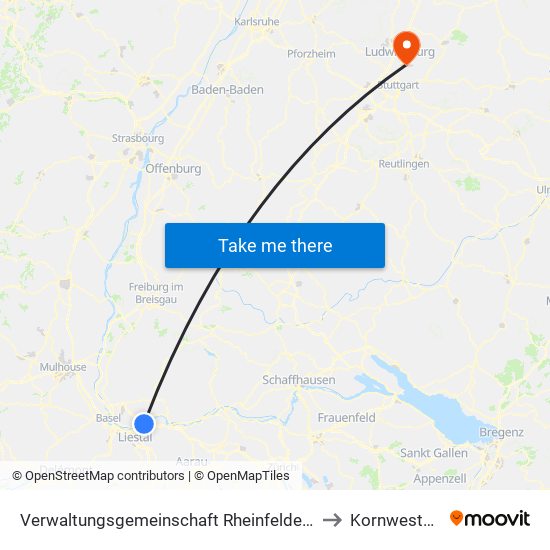 Verwaltungsgemeinschaft Rheinfelden (Baden) to Kornwestheim map