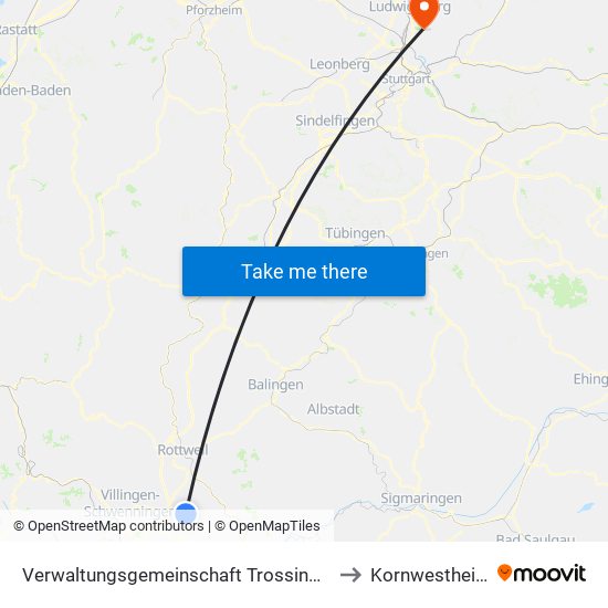 Verwaltungsgemeinschaft Trossingen to Kornwestheim map