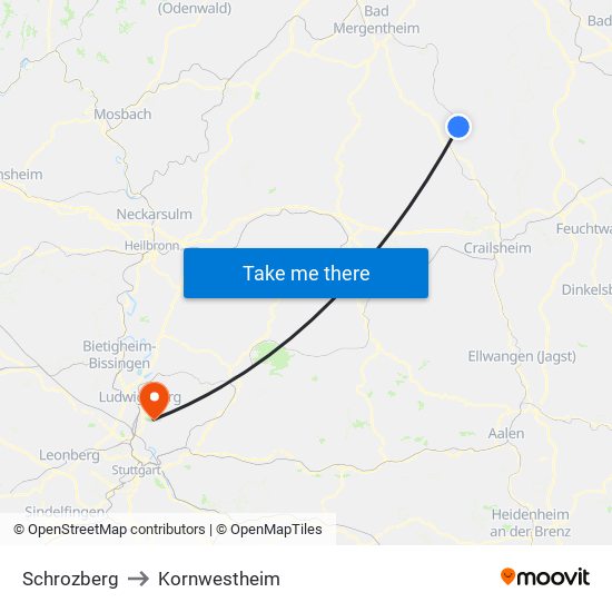 Schrozberg to Kornwestheim map