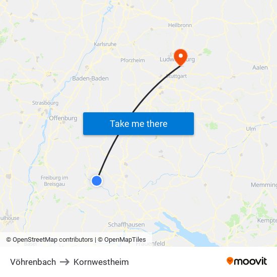 Vöhrenbach to Kornwestheim map