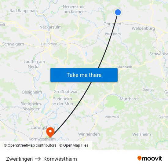 Zweiflingen to Kornwestheim map