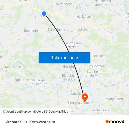 Kirchardt to Kornwestheim map