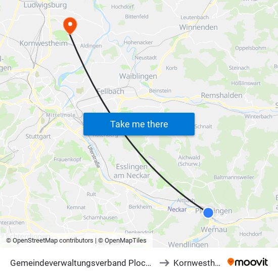 Gemeindeverwaltungsverband Plochingen to Kornwestheim map