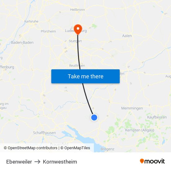 Ebenweiler to Kornwestheim map