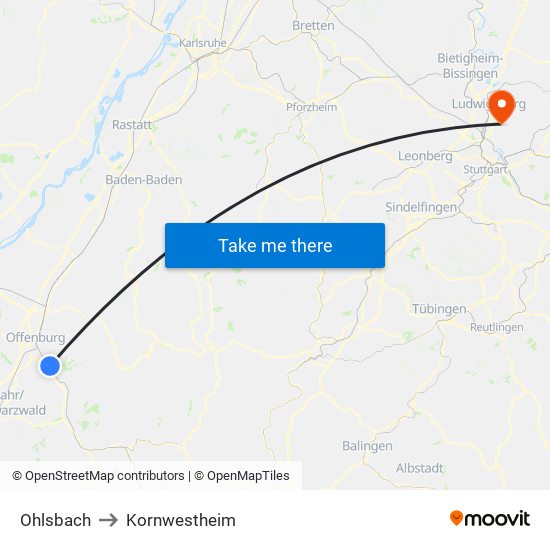 Ohlsbach to Kornwestheim map