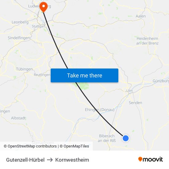 Gutenzell-Hürbel to Kornwestheim map