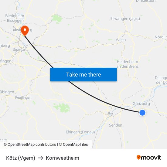 Kötz (Vgem) to Kornwestheim map