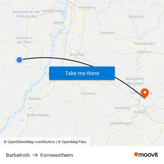 Barbelroth to Kornwestheim map