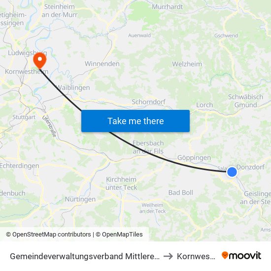 Gemeindeverwaltungsverband Mittleres Fils-Lautertal to Kornwestheim map