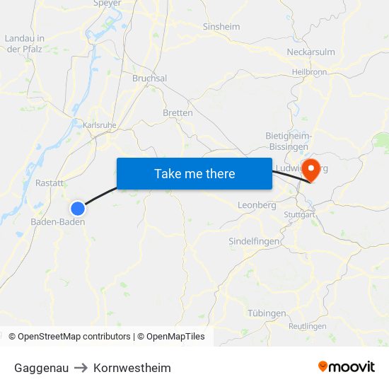 Gaggenau to Kornwestheim map
