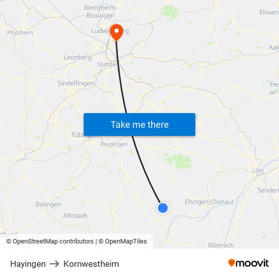 Hayingen to Kornwestheim map