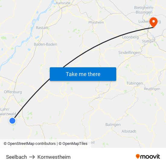 Seelbach to Kornwestheim map