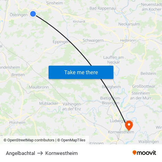 Angelbachtal to Kornwestheim map