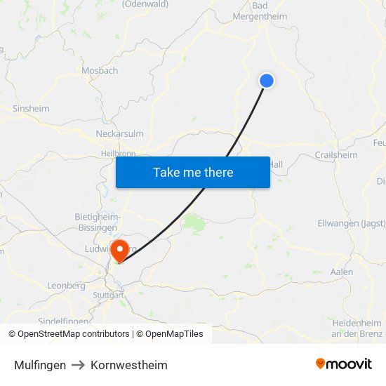 Mulfingen to Kornwestheim map