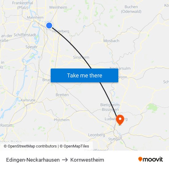 Edingen-Neckarhausen to Kornwestheim map