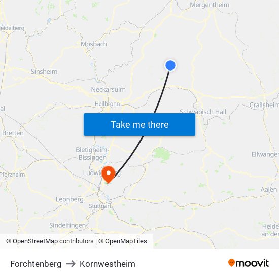 Forchtenberg to Kornwestheim map