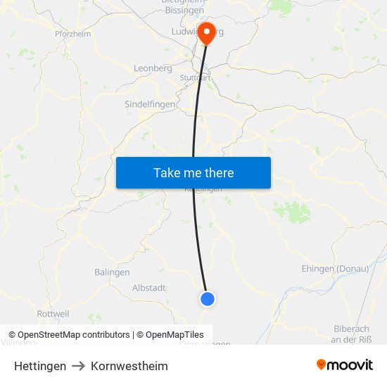 Hettingen to Kornwestheim map