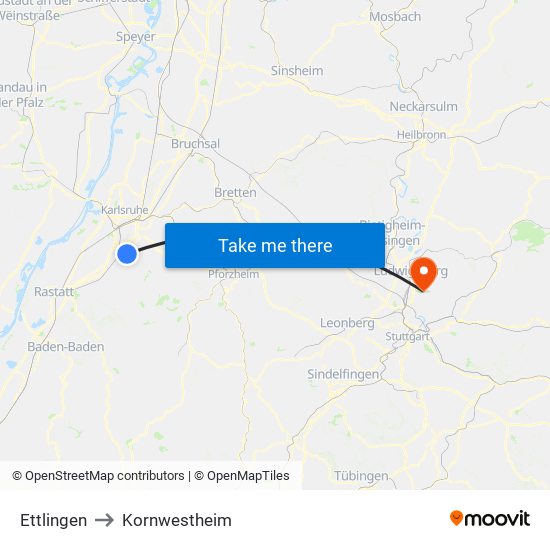 Ettlingen to Kornwestheim map