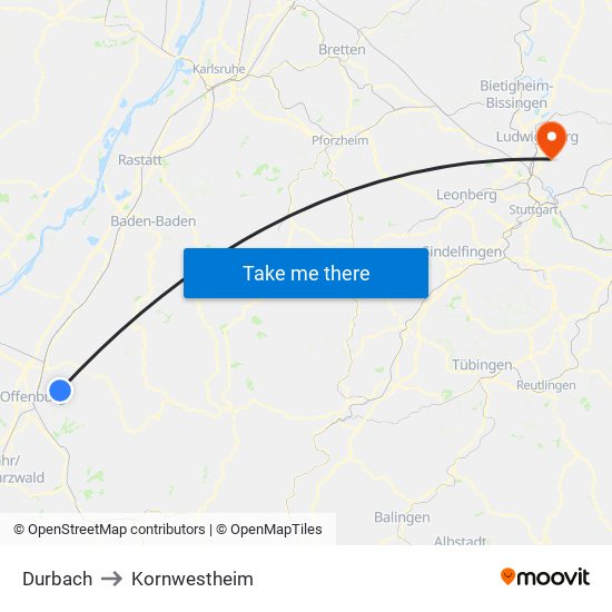 Durbach to Kornwestheim map