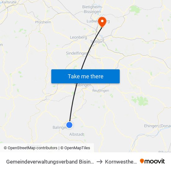 Gemeindeverwaltungsverband Bisingen to Kornwestheim map