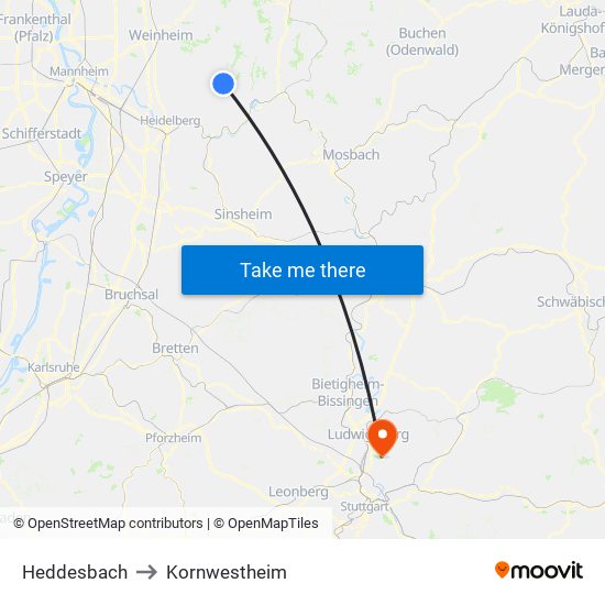 Heddesbach to Kornwestheim map