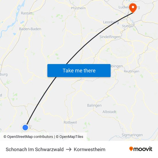 Schonach Im Schwarzwald to Kornwestheim map