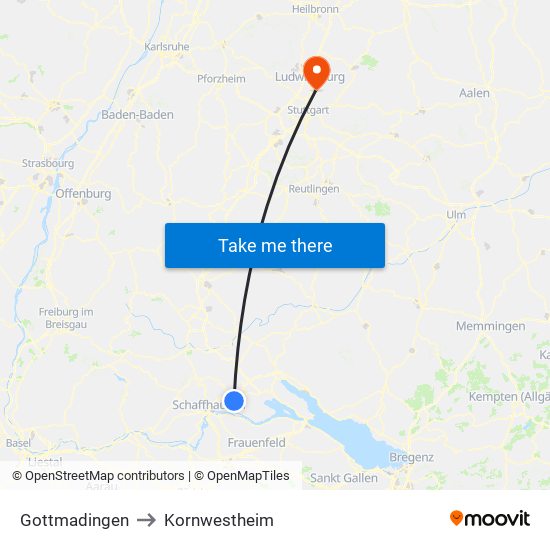 Gottmadingen to Kornwestheim map