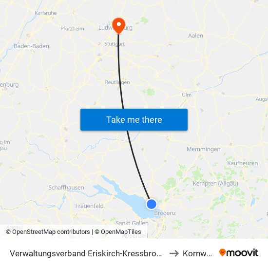 Verwaltungsverband Eriskirch-Kressbronn am Bodensee-Langenargen to Kornwestheim map
