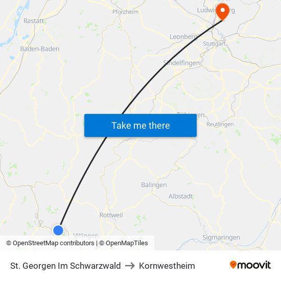 St. Georgen Im Schwarzwald to Kornwestheim map