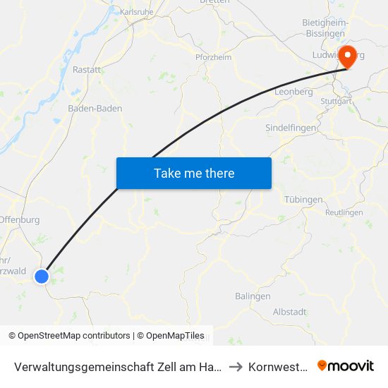 Verwaltungsgemeinschaft Zell am Harmersbach to Kornwestheim map