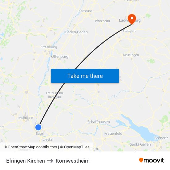 Efringen-Kirchen to Kornwestheim map