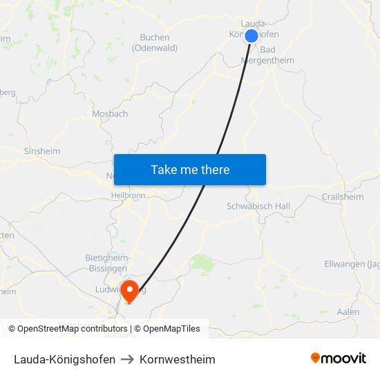 Lauda-Königshofen to Kornwestheim map