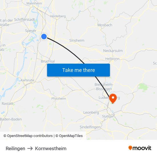 Reilingen to Kornwestheim map