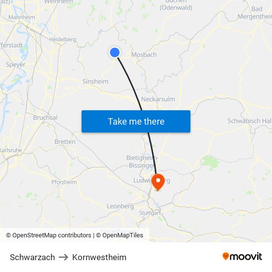 Schwarzach to Kornwestheim map