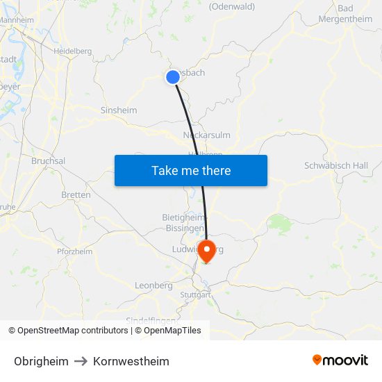 Obrigheim to Kornwestheim map