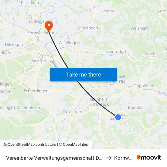Vereinbarte Verwaltungsgemeinschaft Der Stadt Weilheim An Der Teck to Kornwestheim map