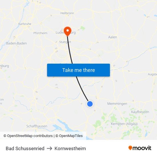 Bad Schussenried to Kornwestheim map