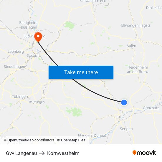 Gvv Langenau to Kornwestheim map