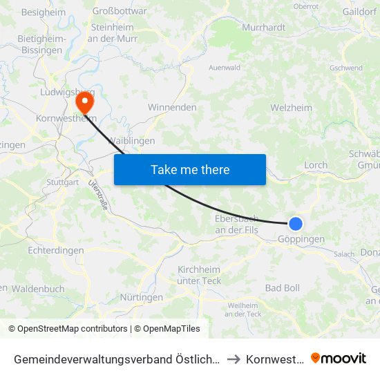 Gemeindeverwaltungsverband Östlicher Schurwald to Kornwestheim map