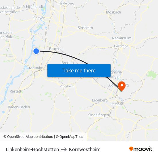 Linkenheim-Hochstetten to Kornwestheim map