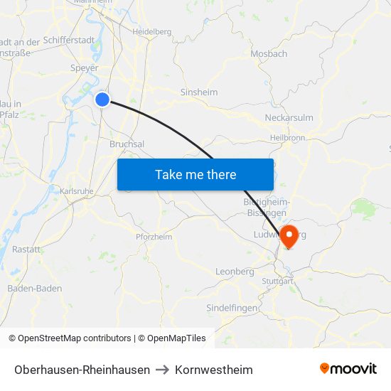 Oberhausen-Rheinhausen to Kornwestheim map