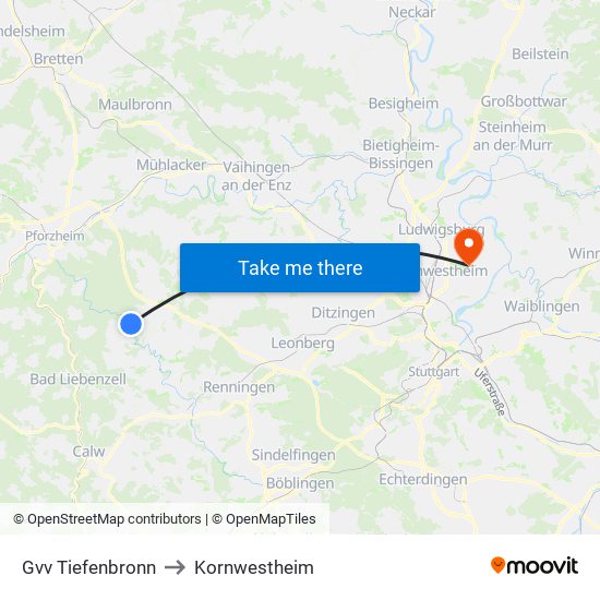 Gvv Tiefenbronn to Kornwestheim map