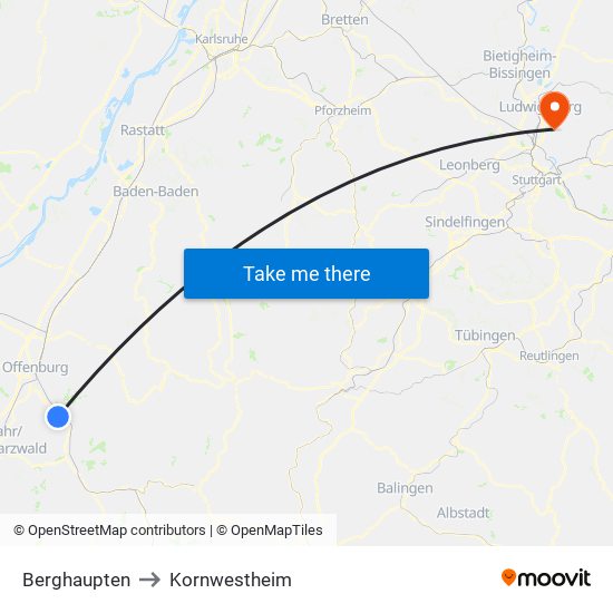 Berghaupten to Kornwestheim map