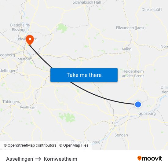 Asselfingen to Kornwestheim map
