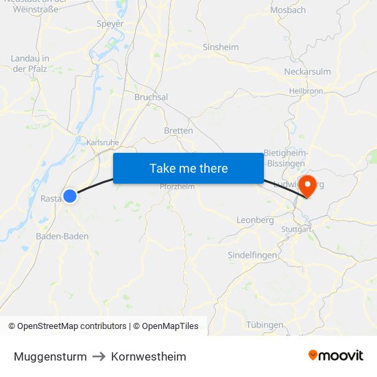 Muggensturm to Kornwestheim map