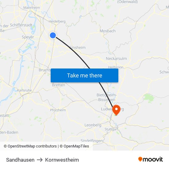 Sandhausen to Kornwestheim map