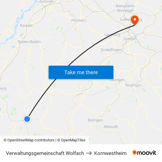 Verwaltungsgemeinschaft Wolfach to Kornwestheim map