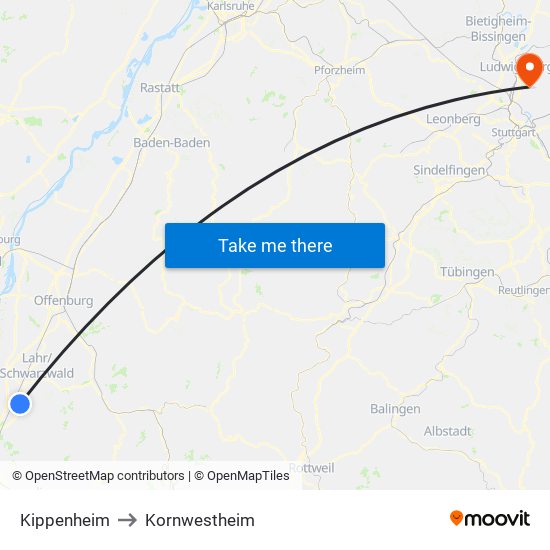 Kippenheim to Kornwestheim map