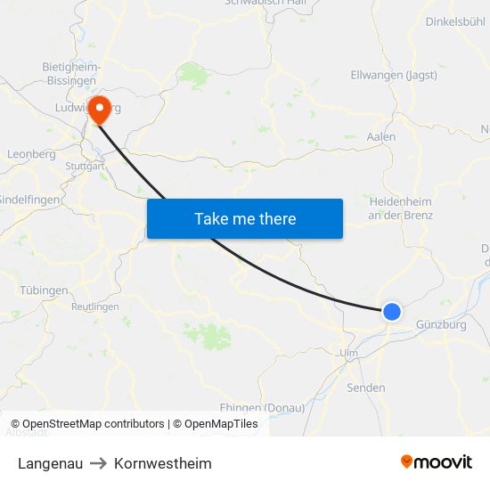 Langenau to Kornwestheim map